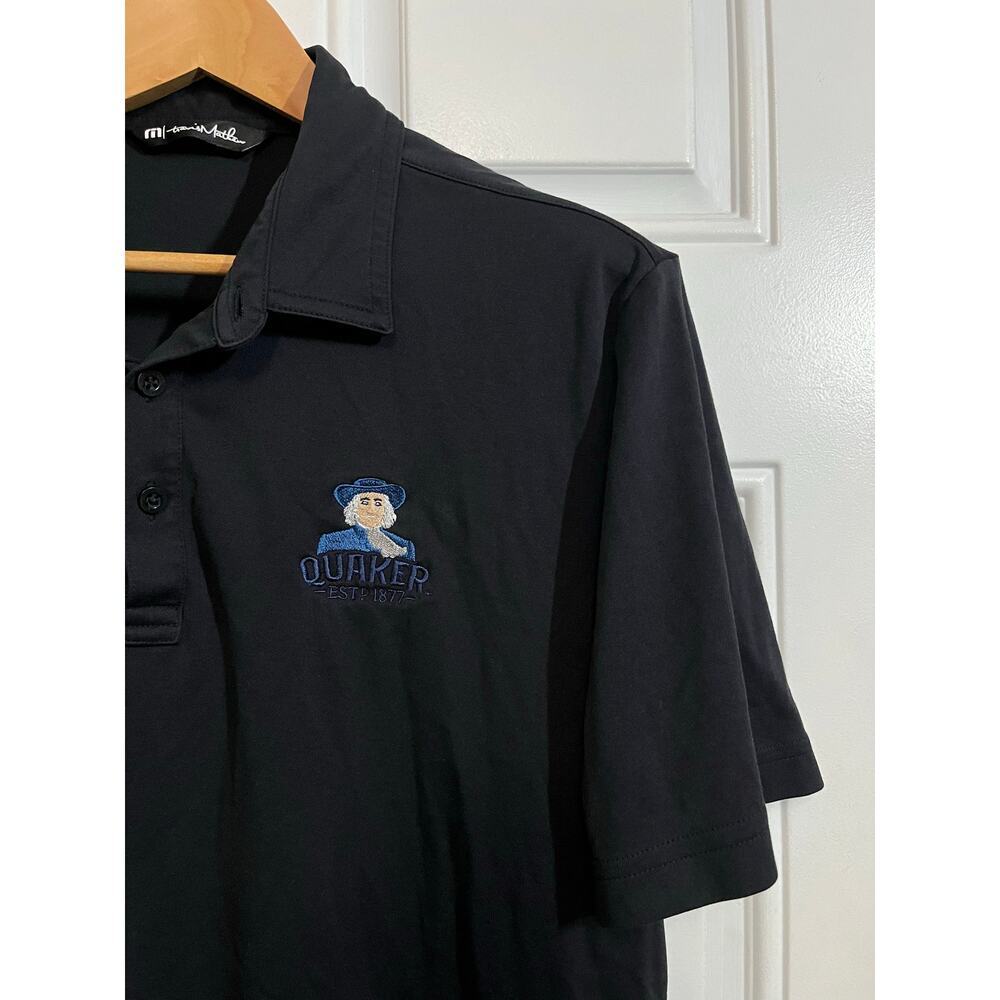 Travis Mathew Performance Gold Polo Short Sleeve Black Quaker Logo Mens L